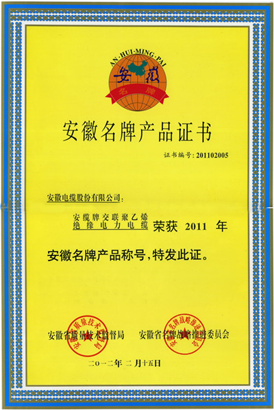 Certificate for Anhuis Famous-brand Products